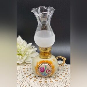 Vintage Enesco Tri Footed MINIATURE Oil Lamp, Floral Porcelain- Japan